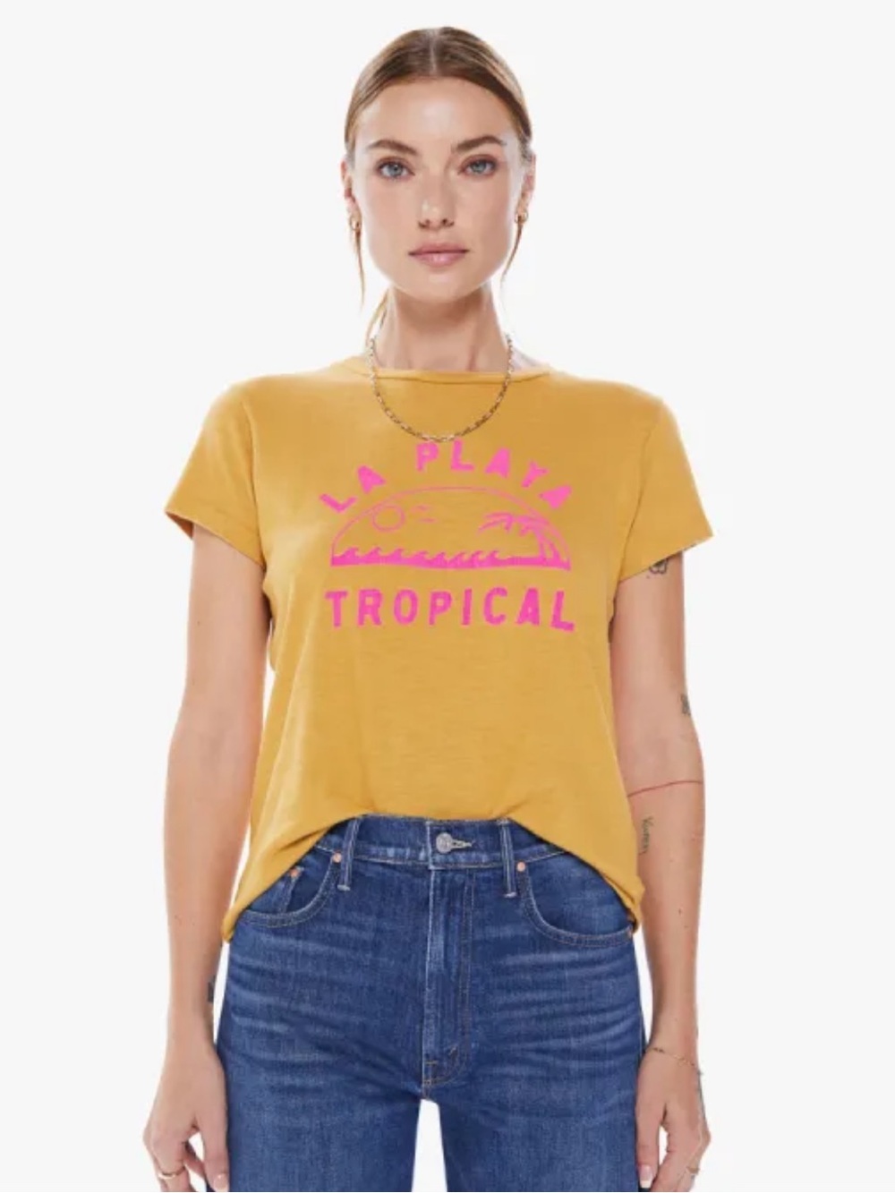 MOTHER The Sinful Tee La Playa Tropical in Mustard Gold Pink Size M